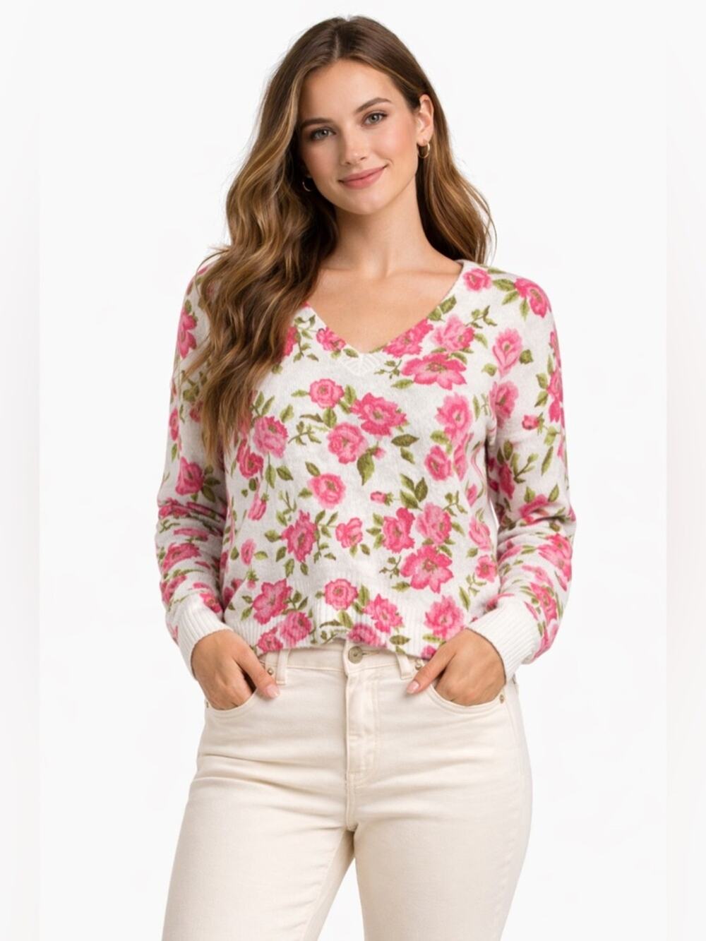 CeCe Floral Pink and Cream Sweater Floral sweater size Large NWT